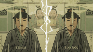 左右に分かれた人物。左は冷静な表情、右は同じ顔でもどこか不安げ。中央に稲妻の境界。天才とバカの紙一重を表現した版画風イラスト ※AIで生成しました。