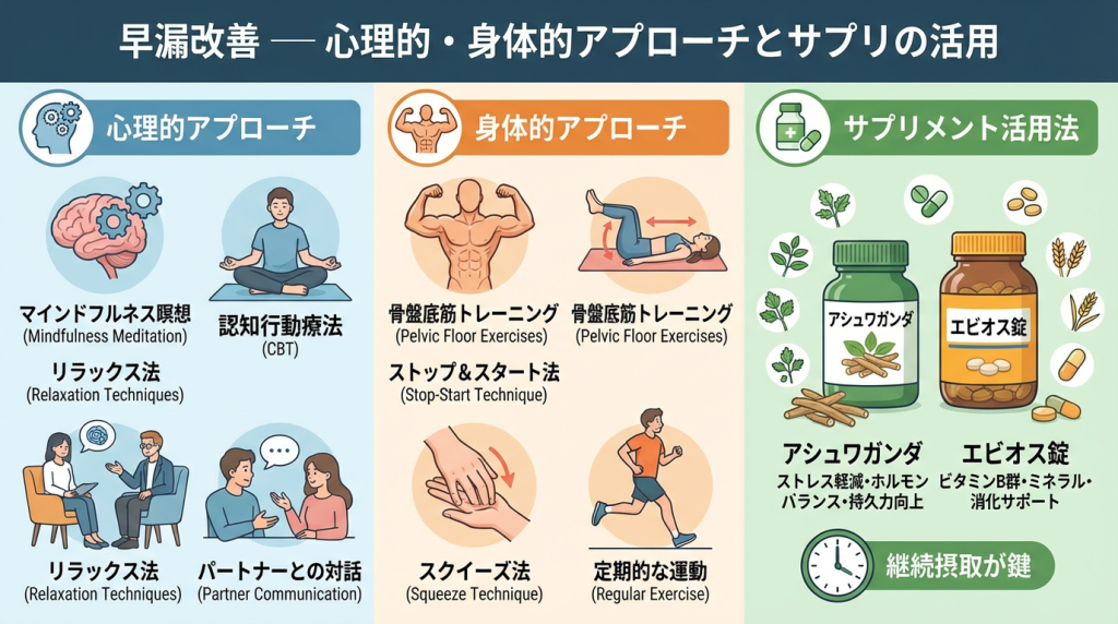 早漏改善 ─ 心理的・身体的アプローチと、サプリ（アシュワガンダ／エビオス錠）をどう使うか